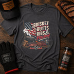 Brisket, Butts, Ribs & Freedom BBQ t-shirt with vintage American flag and smoker graphic