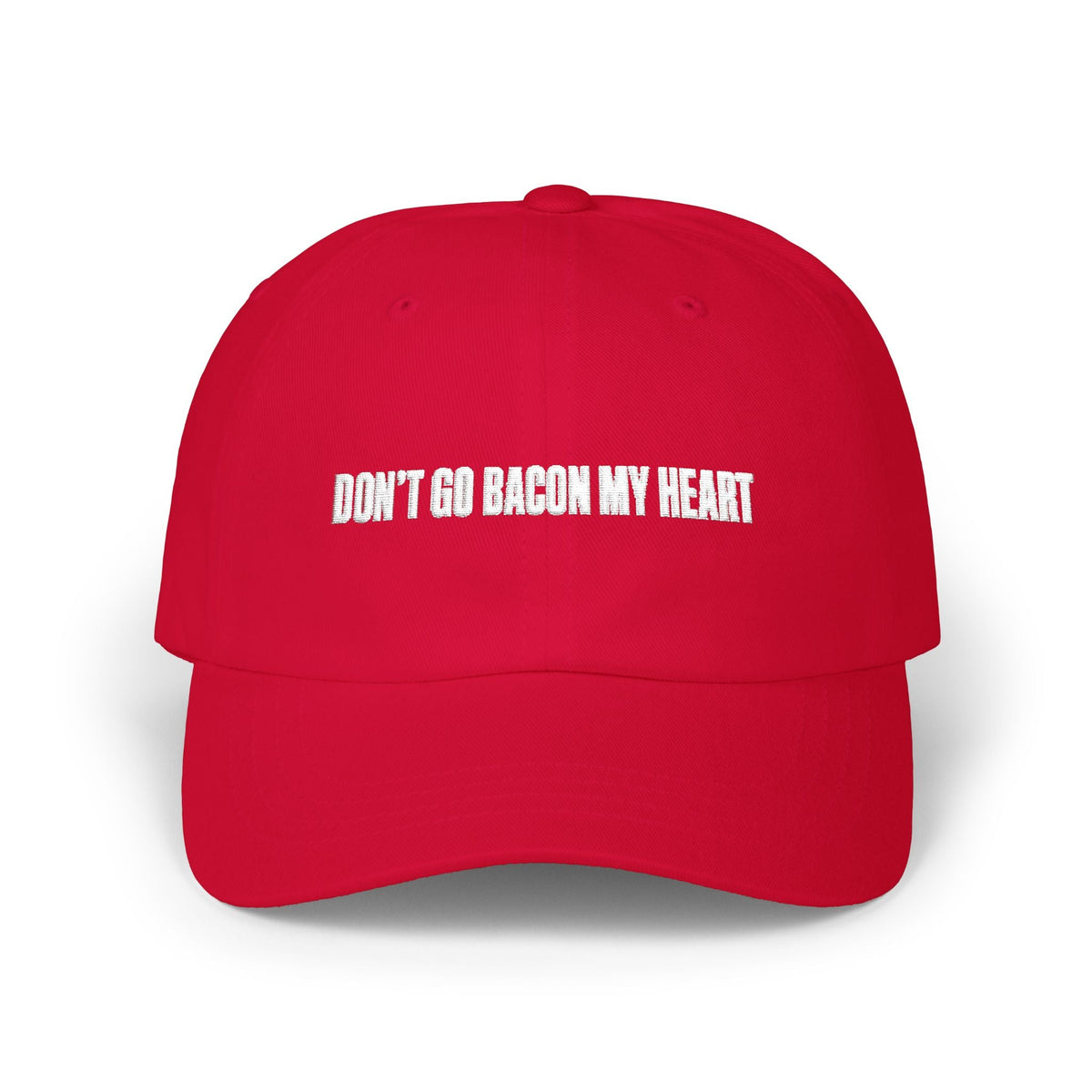 Camo Dad Cap "Don't Go Bacon My Heart" embroidered BBQ hat worn, lifestyle photo