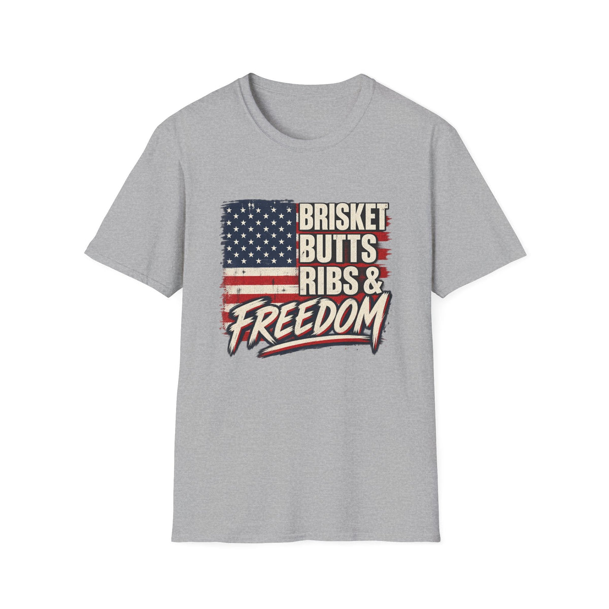 Brisket Butts Ribs & Freedom BBQ t-shirt, back view
