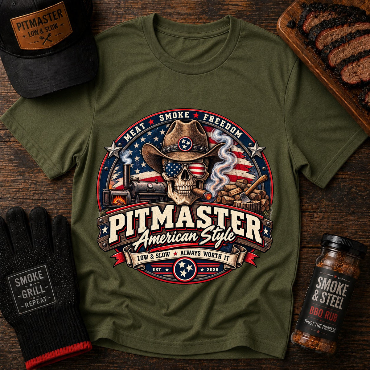 Pitmaster Skull BBQ t-shirt, cowboy skull American flag graphic