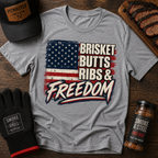 Brisket Butts Ribs & Freedom BBQ t-shirt, distressed Americana flag design