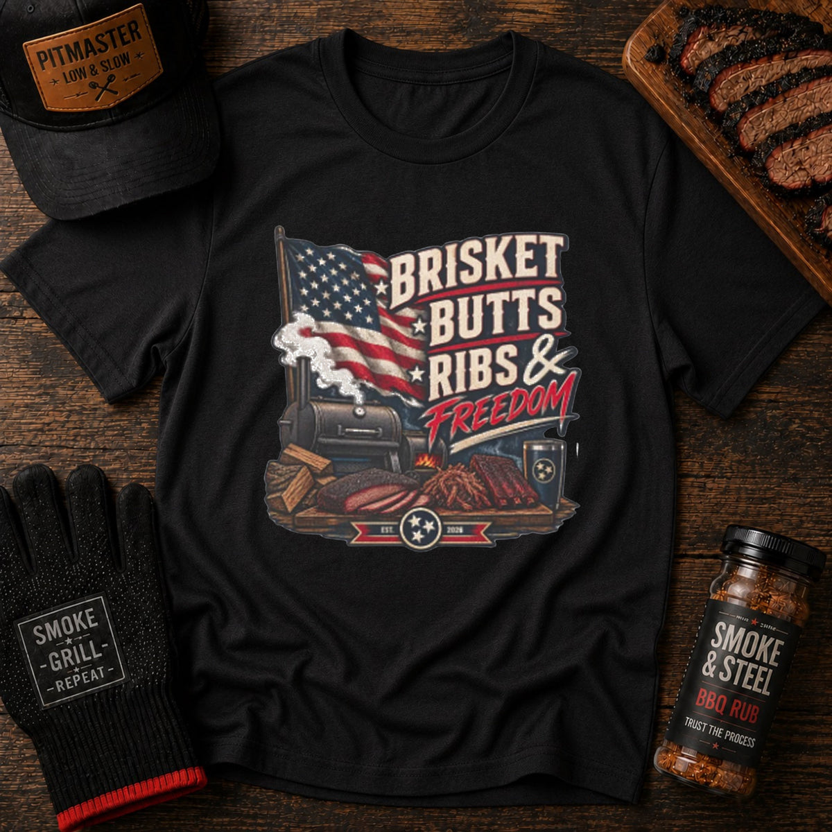 Brisket, Butts, Ribs & Freedom BBQ t-shirt worn, front view