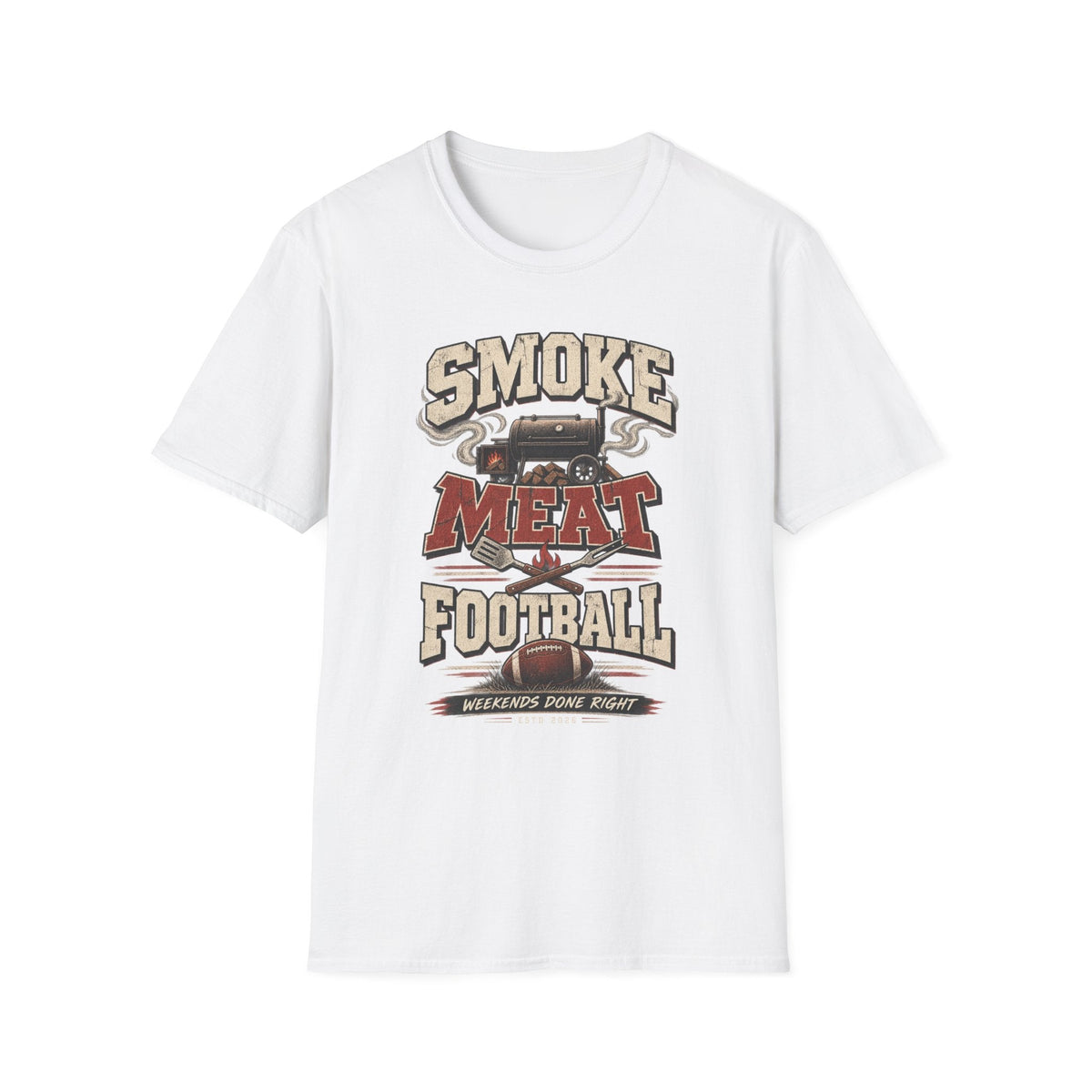Smoke Meat & Football t-shirt, vintage grill graphic, front view