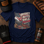 Brisket, Butts, Ribs & Freedom BBQ t-shirt, close-up of patriotic smoker print
