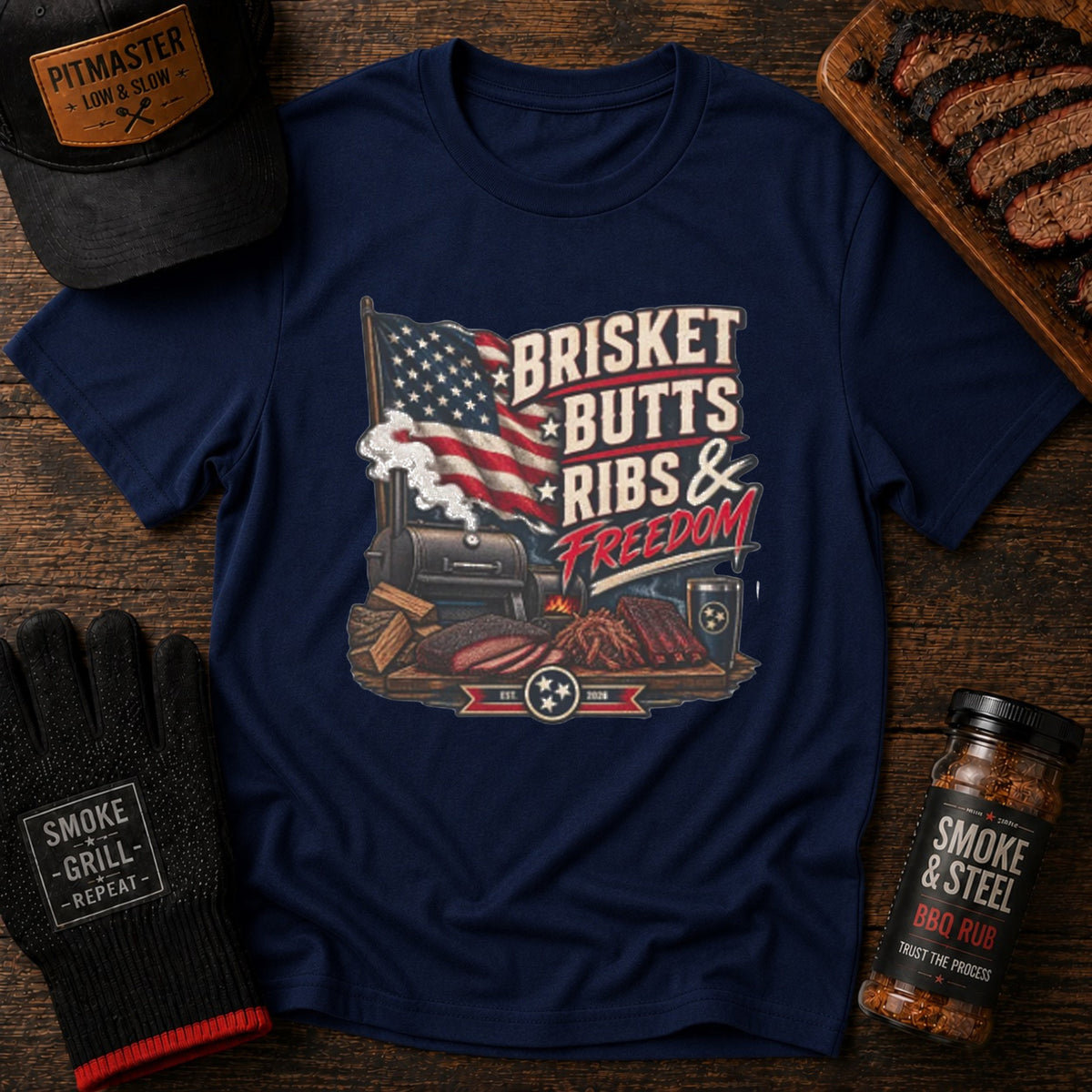 Brisket, Butts, Ribs & Freedom BBQ t-shirt, close-up of patriotic smoker print