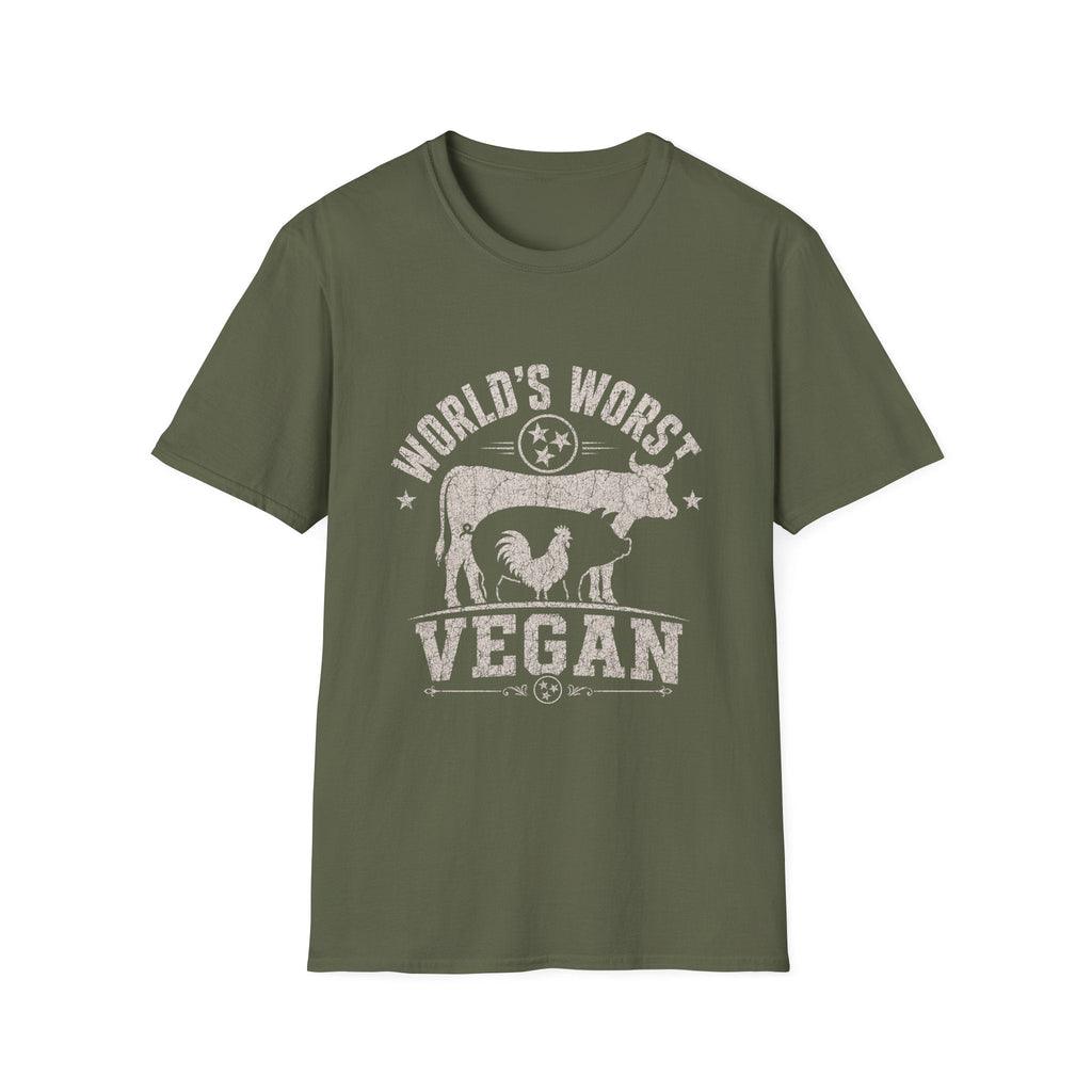 World's Worst Vegan t-shirt, folded flat lay