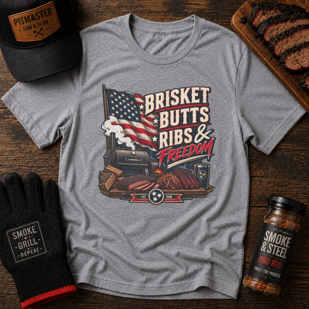 Brisket, Butts, Ribs & Freedom BBQ t-shirt, back view