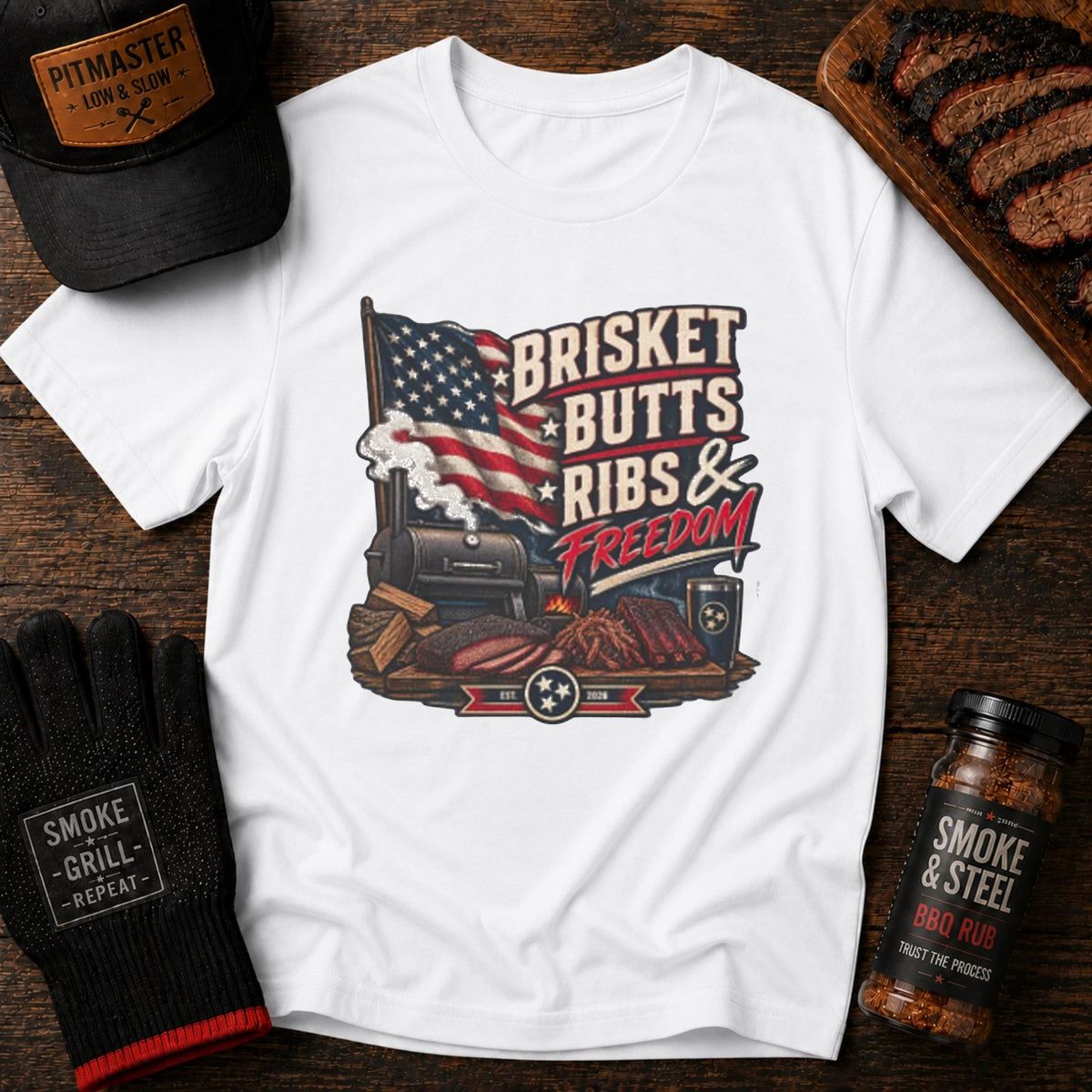 Brisket, Butts, Ribs & Freedom BBQ t-shirt, folded flat lay