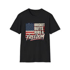 Brisket Butts Ribs & Freedom BBQ t-shirt worn, front view