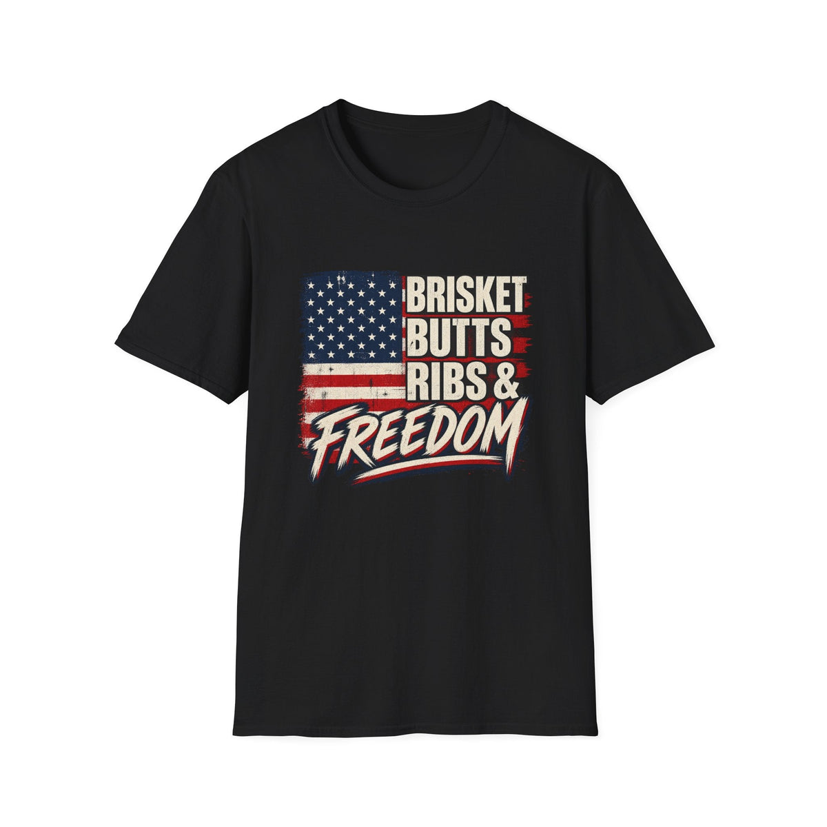 Brisket Butts Ribs & Freedom BBQ t-shirt worn, front view