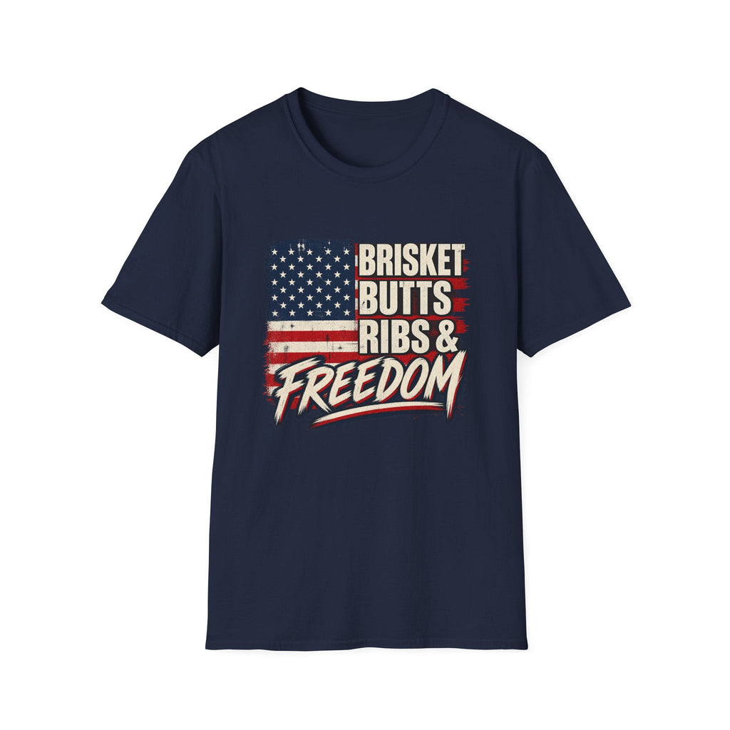 Brisket Butts Ribs & Freedom BBQ t-shirt, folded flat lay