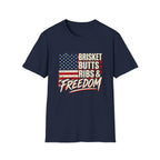 Brisket Butts Ribs & Freedom BBQ t-shirt, folded flat lay