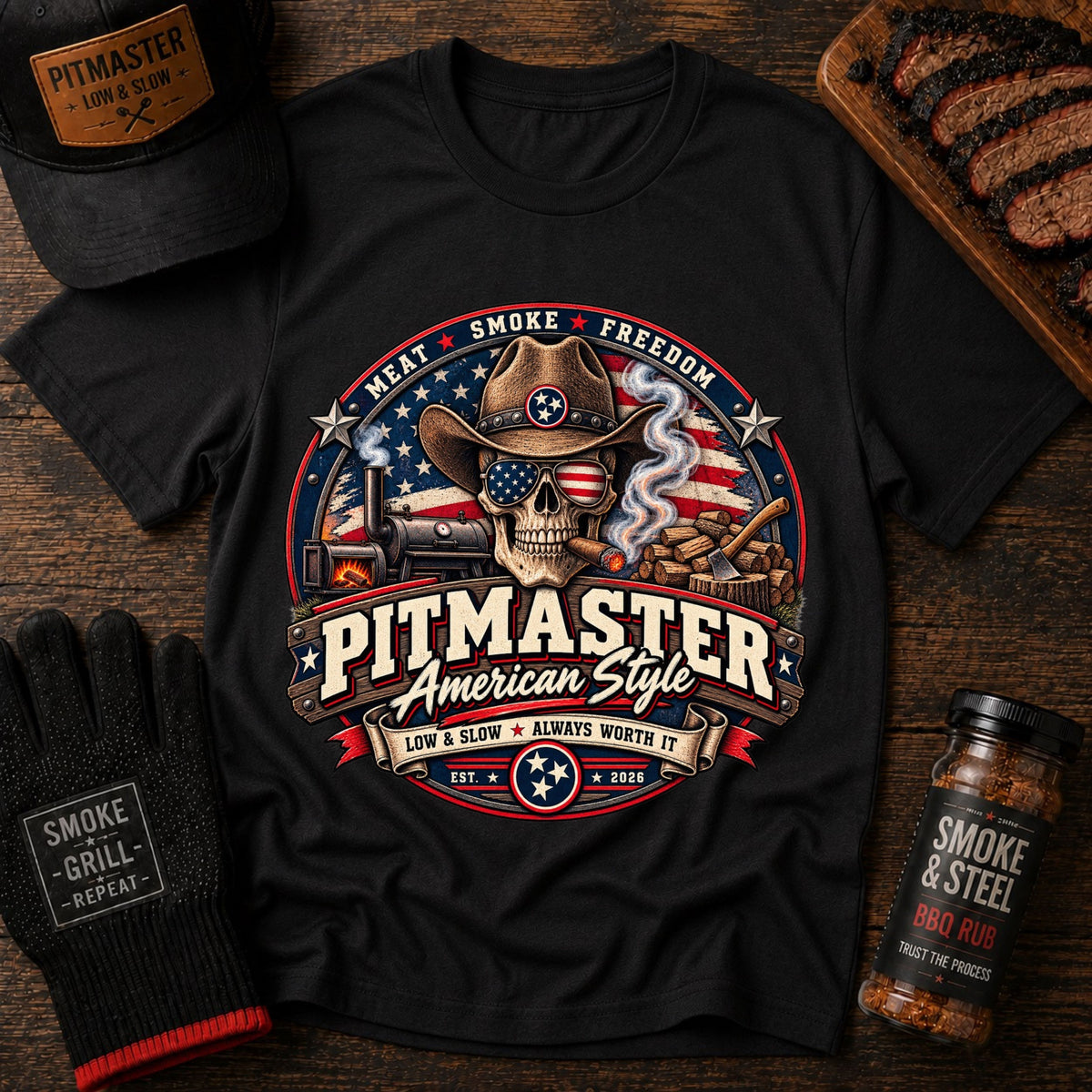 Pitmaster Skull BBQ t-shirt fabric detail