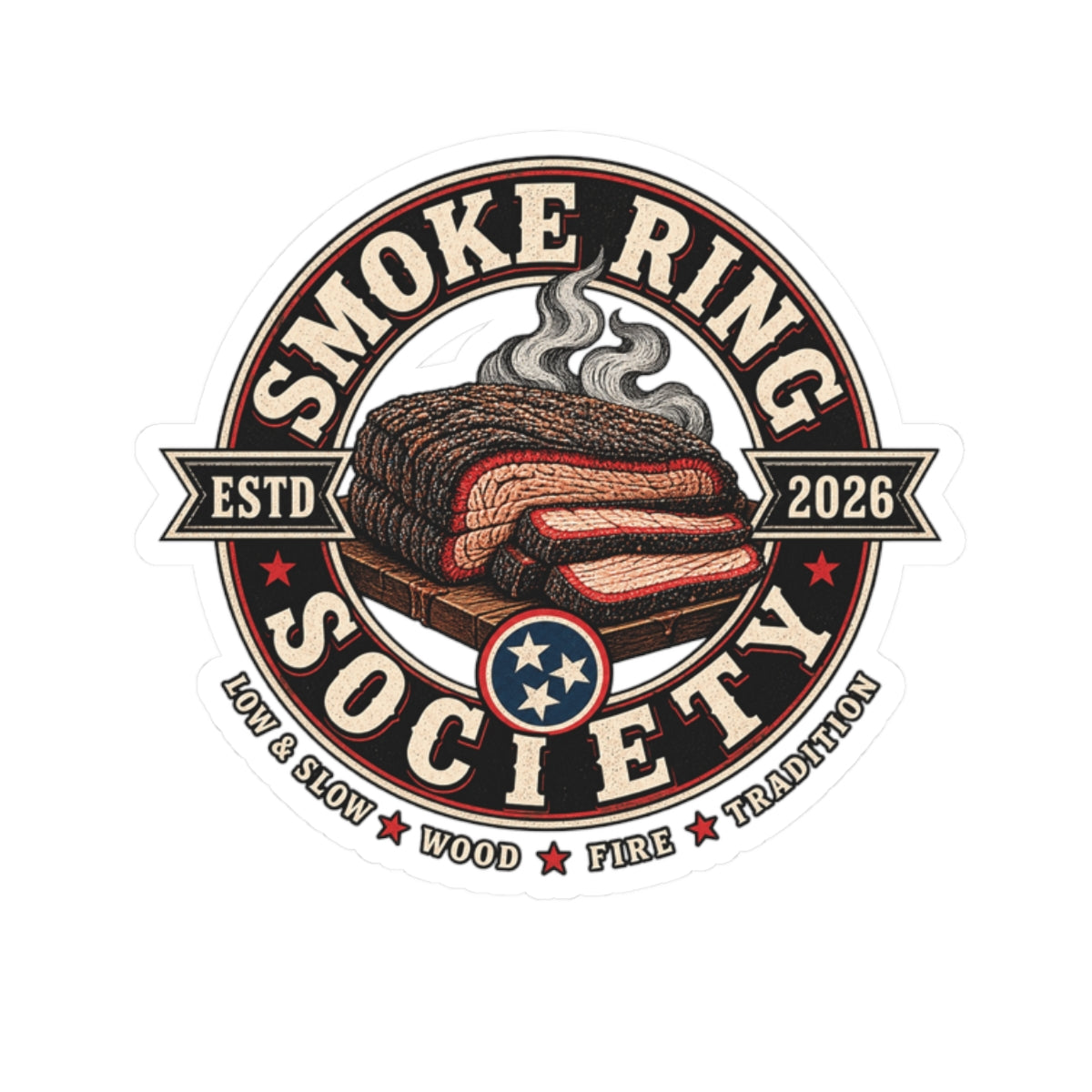 Smoke Ring Society Kiss-Cut Sticker — BBQ Brisket Smoking Emblem