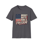 Brisket Butts Ribs & Freedom BBQ t-shirt, close-up graphic