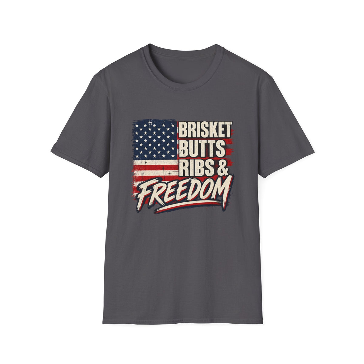 Brisket Butts Ribs & Freedom BBQ t-shirt, close-up graphic