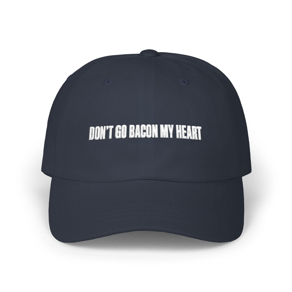 Camo Dad Cap "Don't Go Bacon My Heart" embroidered BBQ hat, close-up embroidery detail