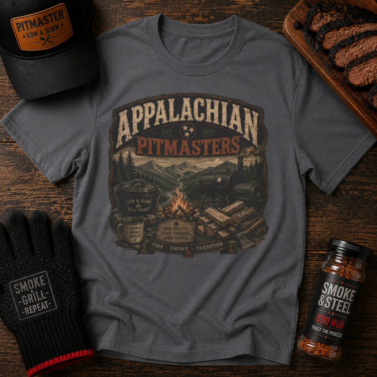 Appalachian Pitmasters vintage t-shirt, Dark Heather colorway