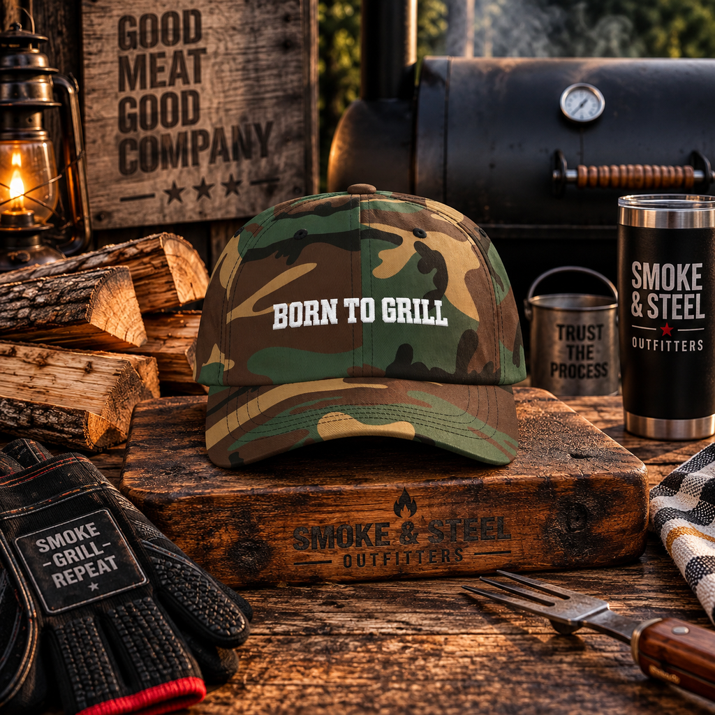 Camo Dad Cap "Born to Grill" embroidered BBQ hat, front view