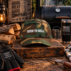 Camo Dad Cap "Born to Grill" embroidered BBQ hat, front view
