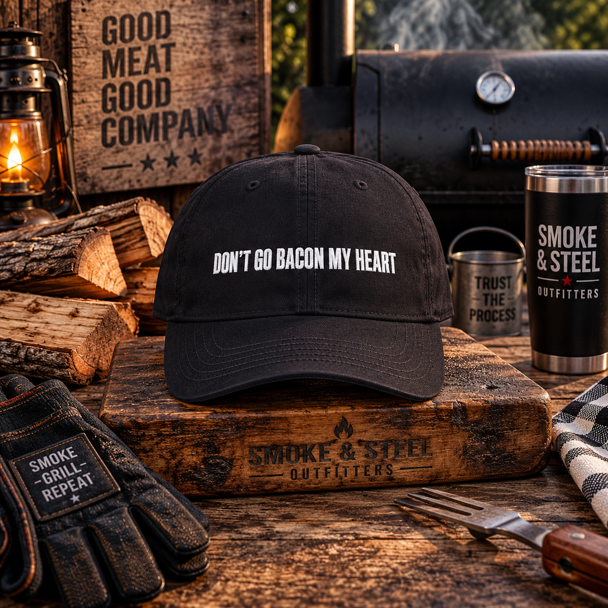 Camo Dad Cap "Don't Go Bacon My Heart" embroidered BBQ hat, front view