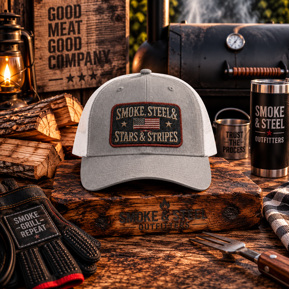 Smoke, Steel & Stars trucker cap, side view