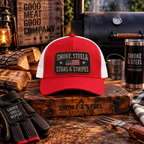 Smoke, Steel & Stars trucker cap, front view with vintage patch