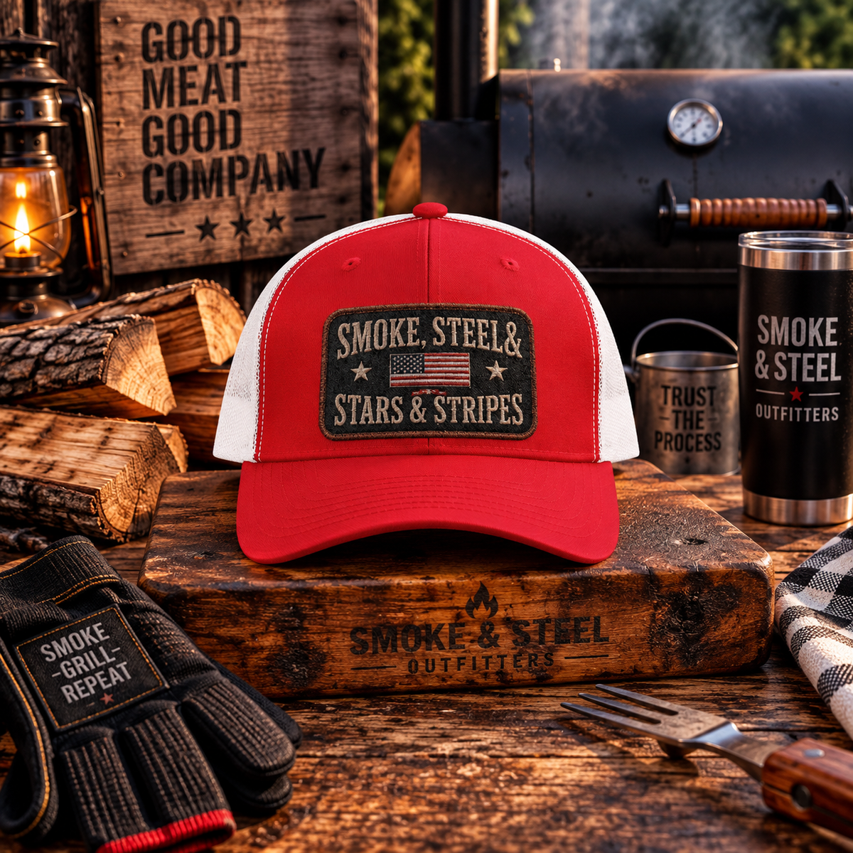 Smoke, Steel & Stars trucker cap, front view with vintage patch