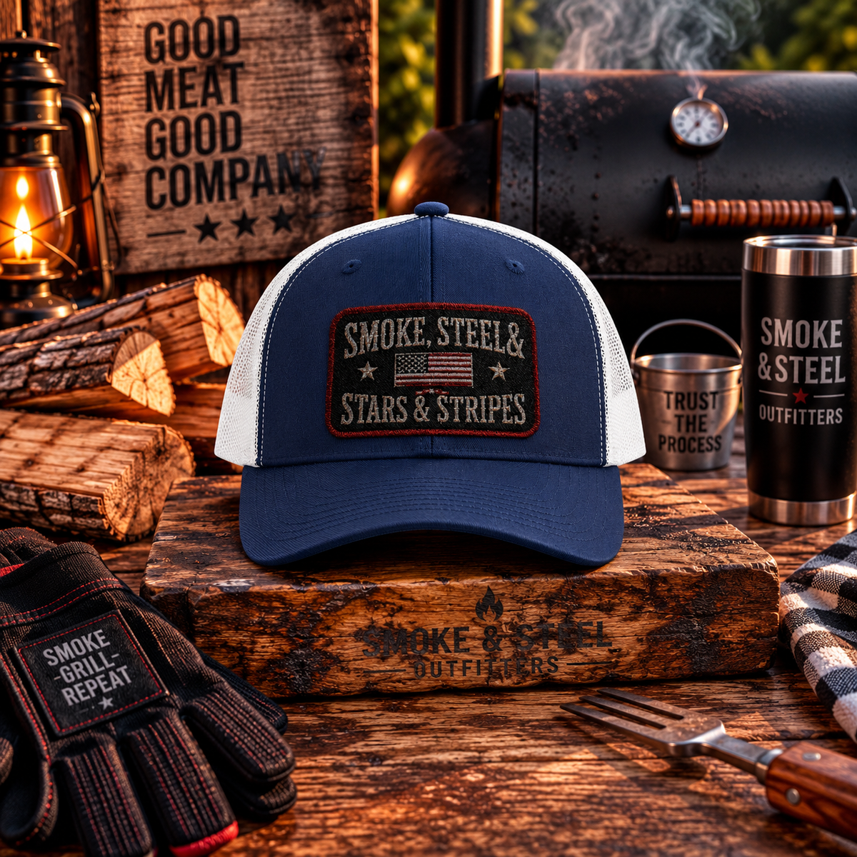 Smoke, Steel & Stars trucker cap worn, lifestyle photo