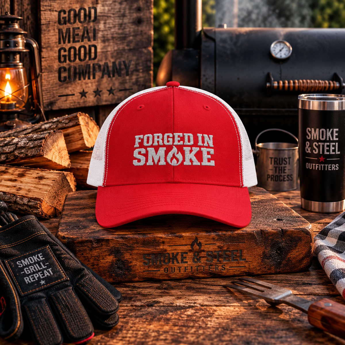 Keep cool at the grill in this Forged in Smoke snapback trucker hat