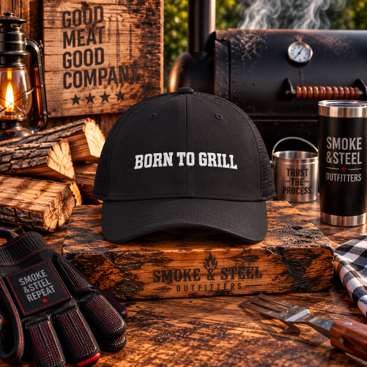 Camo Dad Cap "Born to Grill" embroidered BBQ hat, side view