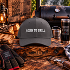 Camo Dad Cap "Born to Grill" embroidered BBQ hat, close-up embroidery detail