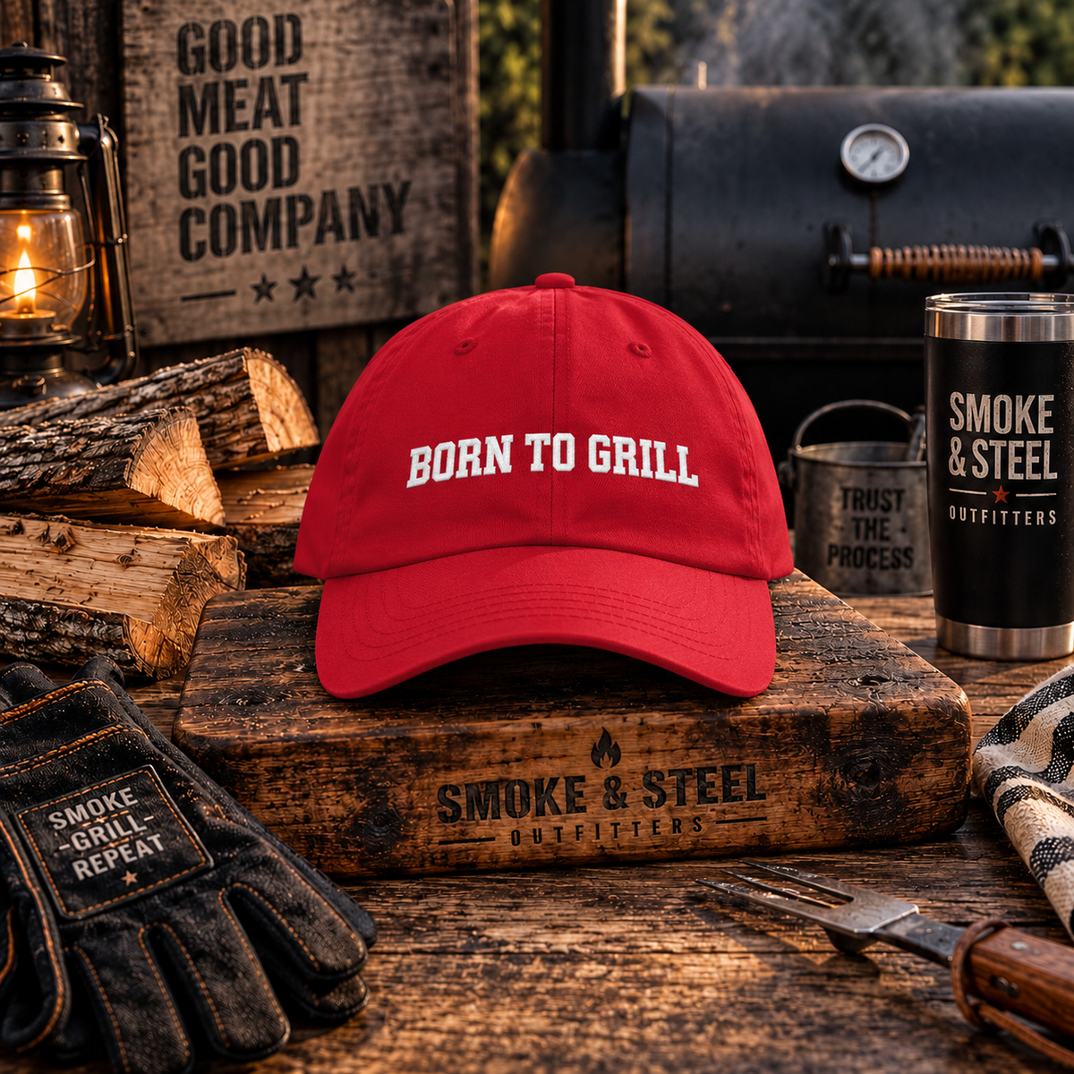 Camo Dad Cap "Born to Grill" embroidered BBQ hat, back adjustable strap