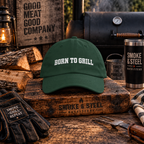 Camo Dad Cap "Born to Grill" embroidered BBQ hat worn, lifestyle photo