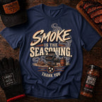 Smoke Is The Seasoning BBQ t-shirt, close-up graphic detail