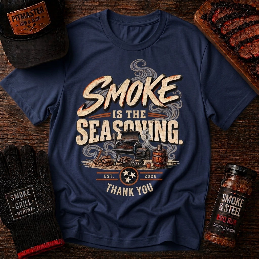 Smoke Is The Seasoning BBQ t-shirt, close-up graphic detail