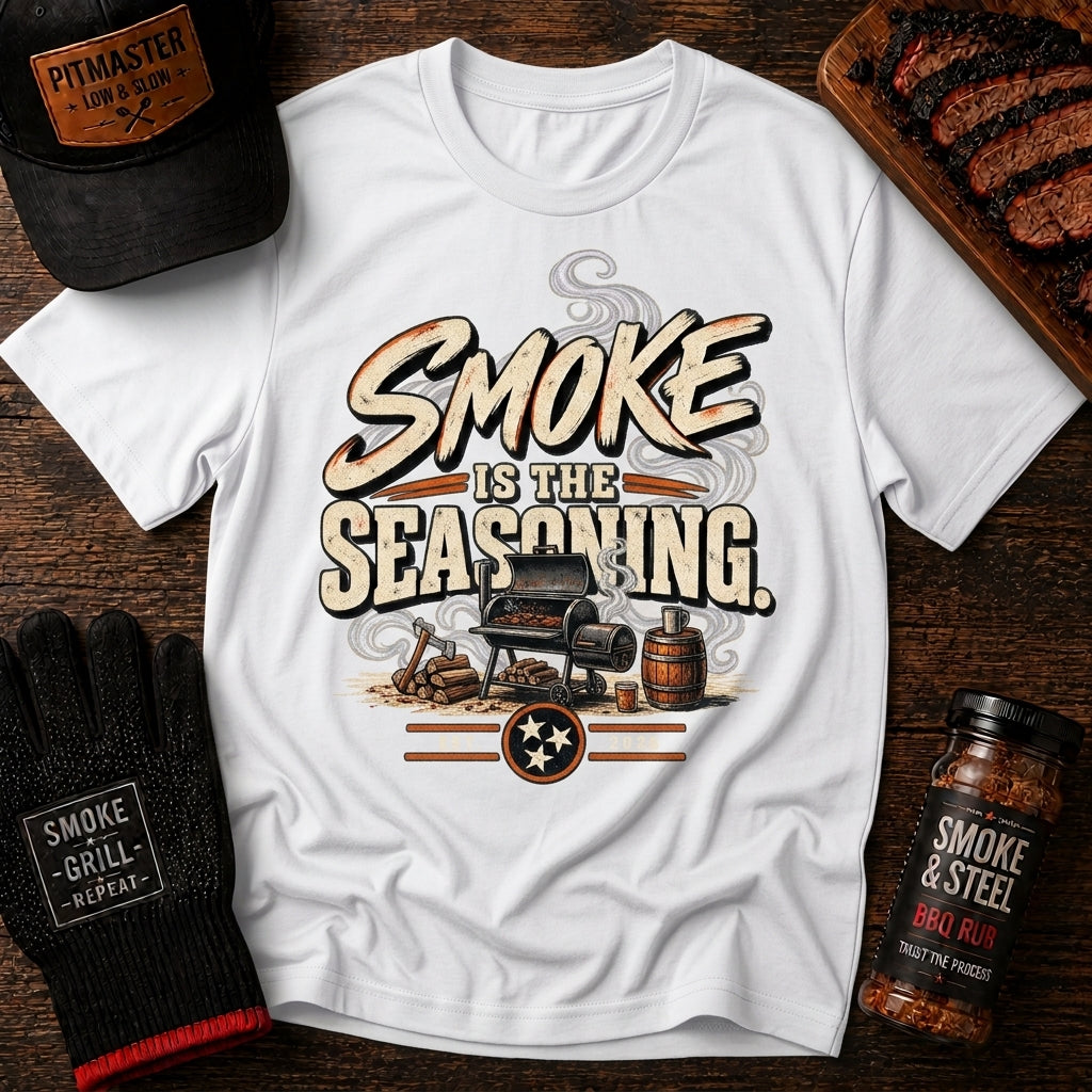 Smoke Is The Seasoning BBQ t-shirt worn, front view