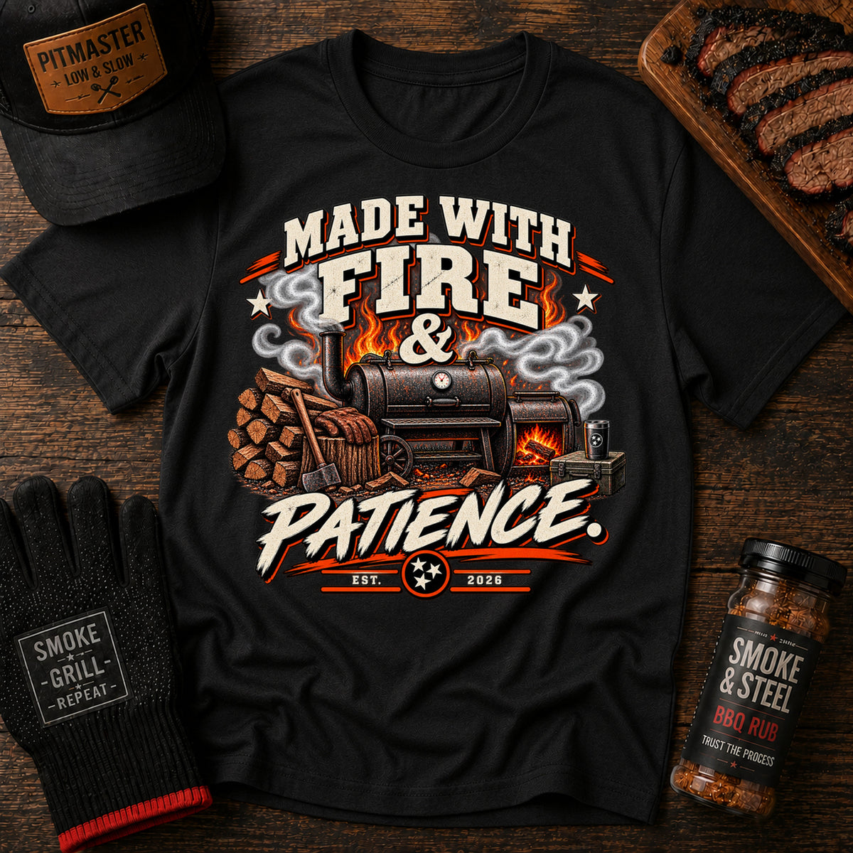 Made With Fire & Patience BBQ t-shirt, Black colorway