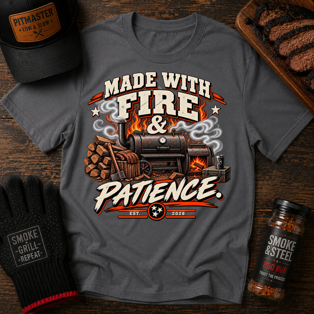 Made With Fire & Patience BBQ t-shirt, Charcoal colorway