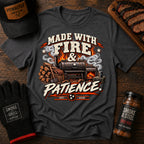 Made With Fire & Patience BBQ t-shirt, Dark Heather colorway