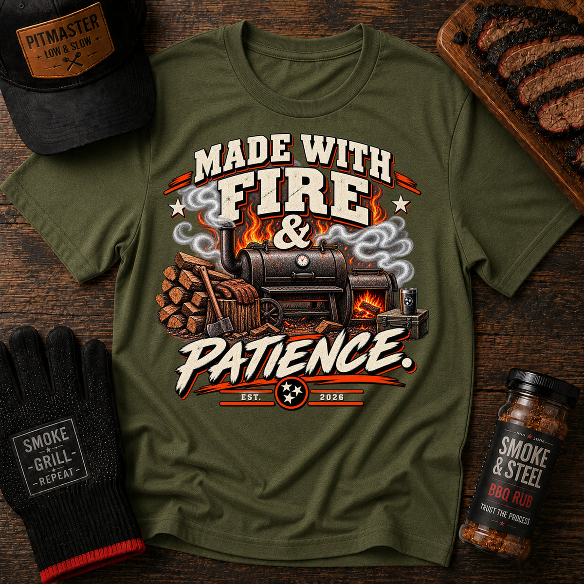 Made With Fire & Patience BBQ t-shirt, Military Green colorway