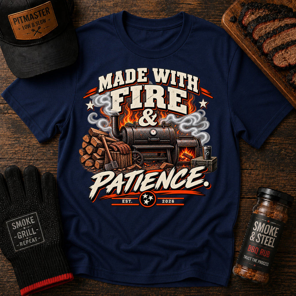 Made With Fire & Patience BBQ t-shirt, Navy colorway