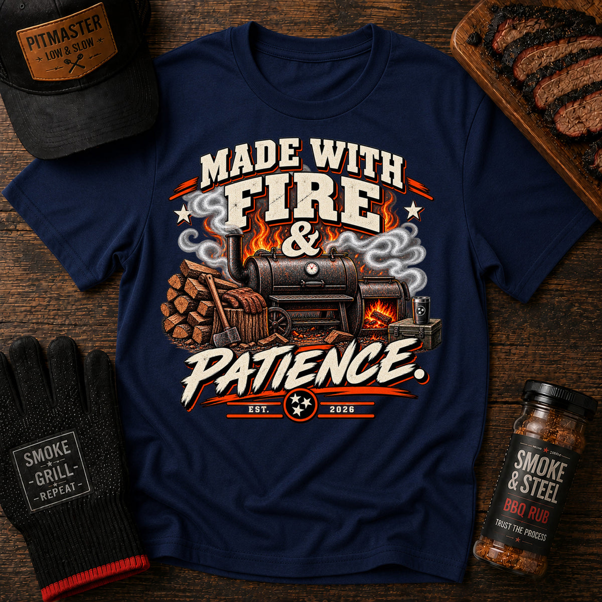 Made With Fire & Patience BBQ t-shirt, Navy colorway