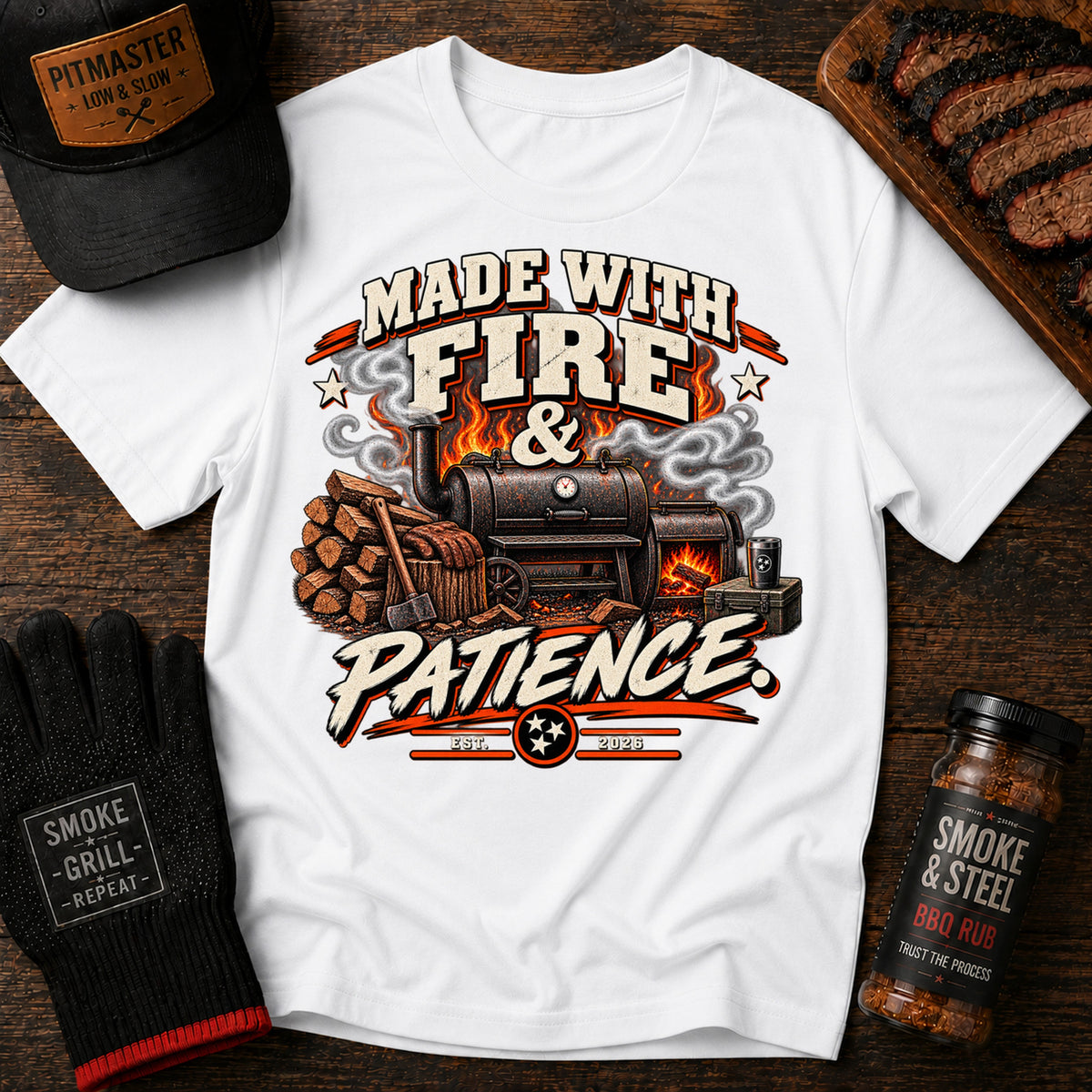 Made With Fire & Patience BBQ t-shirt, White colorway