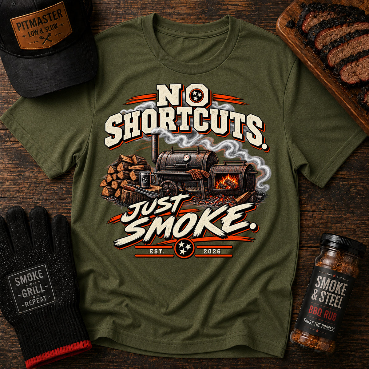 No Shortcuts Just Smoke t-shirt, Military Green colorway