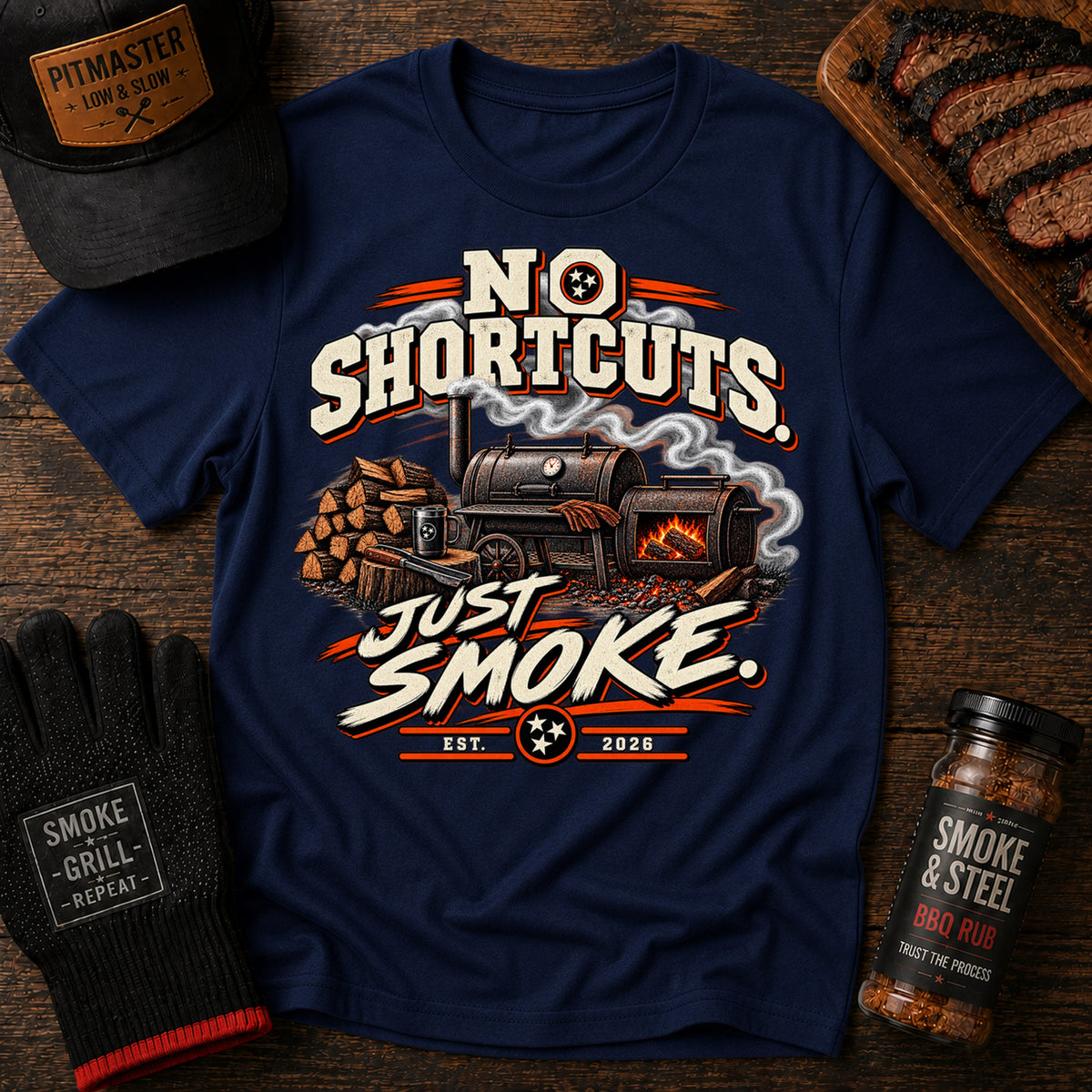 No Shortcuts Just Smoke t-shirt, Navy colorway