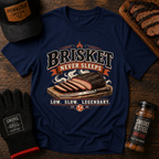 Vintage Brisket Never Sleeps tee with sliced brisket and flame details