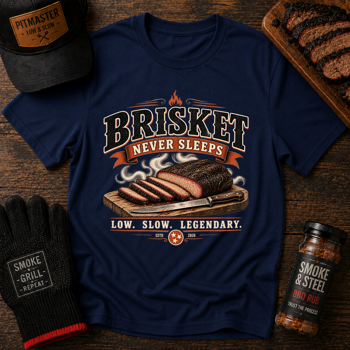 Vintage Brisket Never Sleeps tee with sliced brisket and flame details