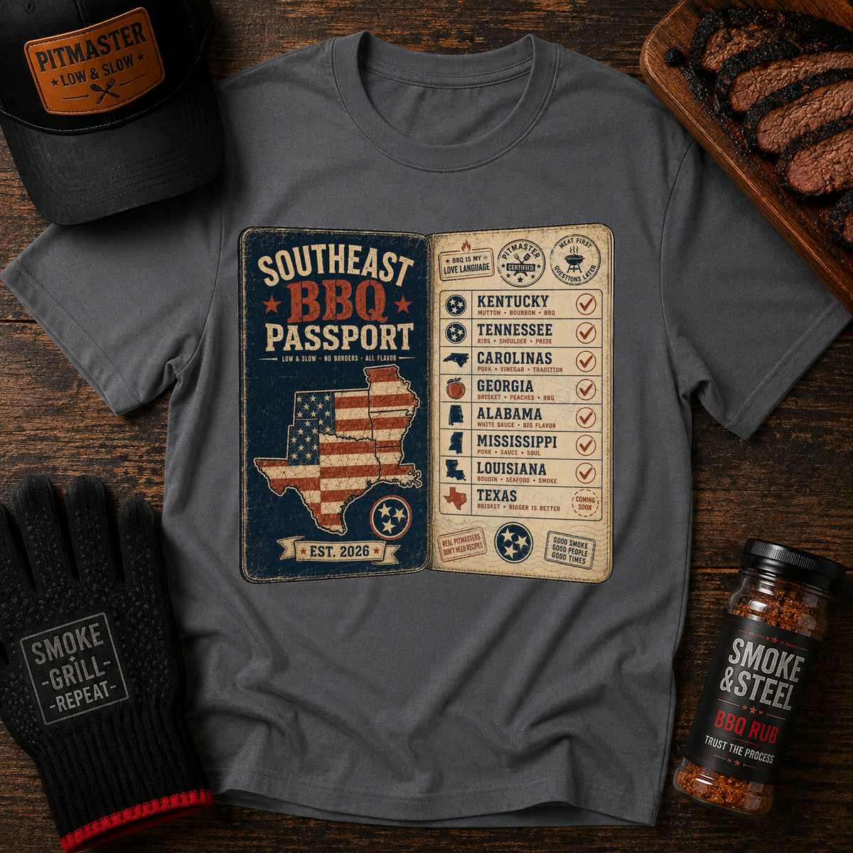 Southeast BBQ Passport tee featuring a vintage passport design and regional barbecue stops from Kentucky through the South to Texas