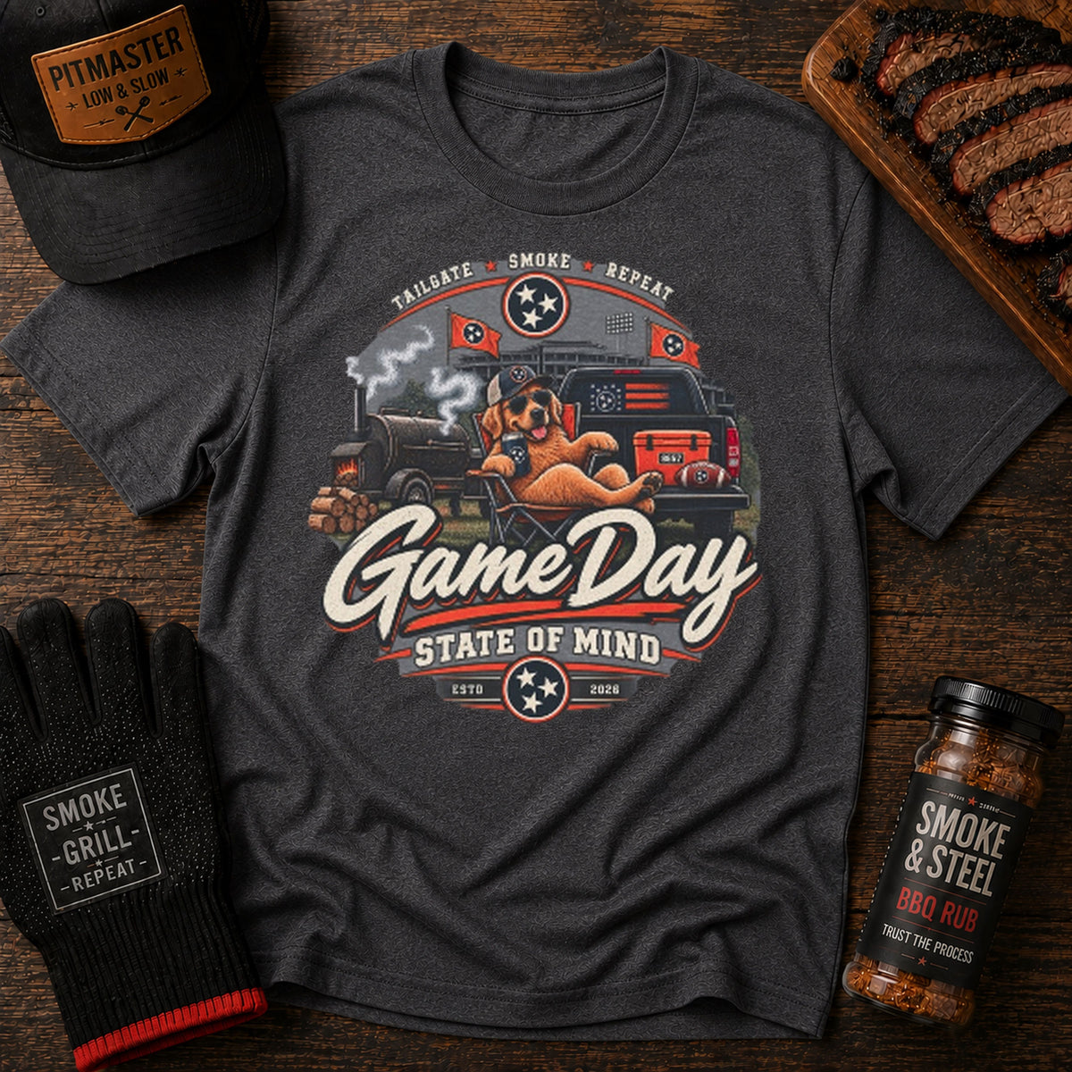 Game Day Smoky BBQ tailgate t-shirt, Dark Heather colorway